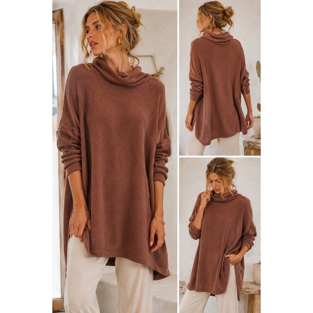 Free People Beach Oversized Funnel Neck Tunic Sweater Brown Size M